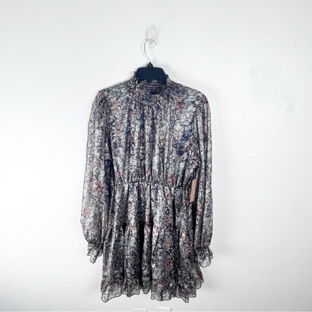 O.P.T Floral Metallic Long Sleeve Smocked Neck Ruffles Mini Dress Size XL